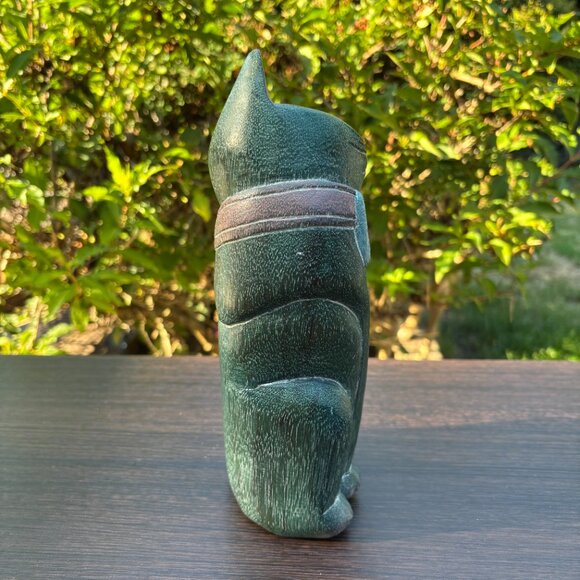 Vintage Hand Carved Wooden Cat Figurine with Bow Tie MCM Folk Art Green Cat - Picture 5 of 12